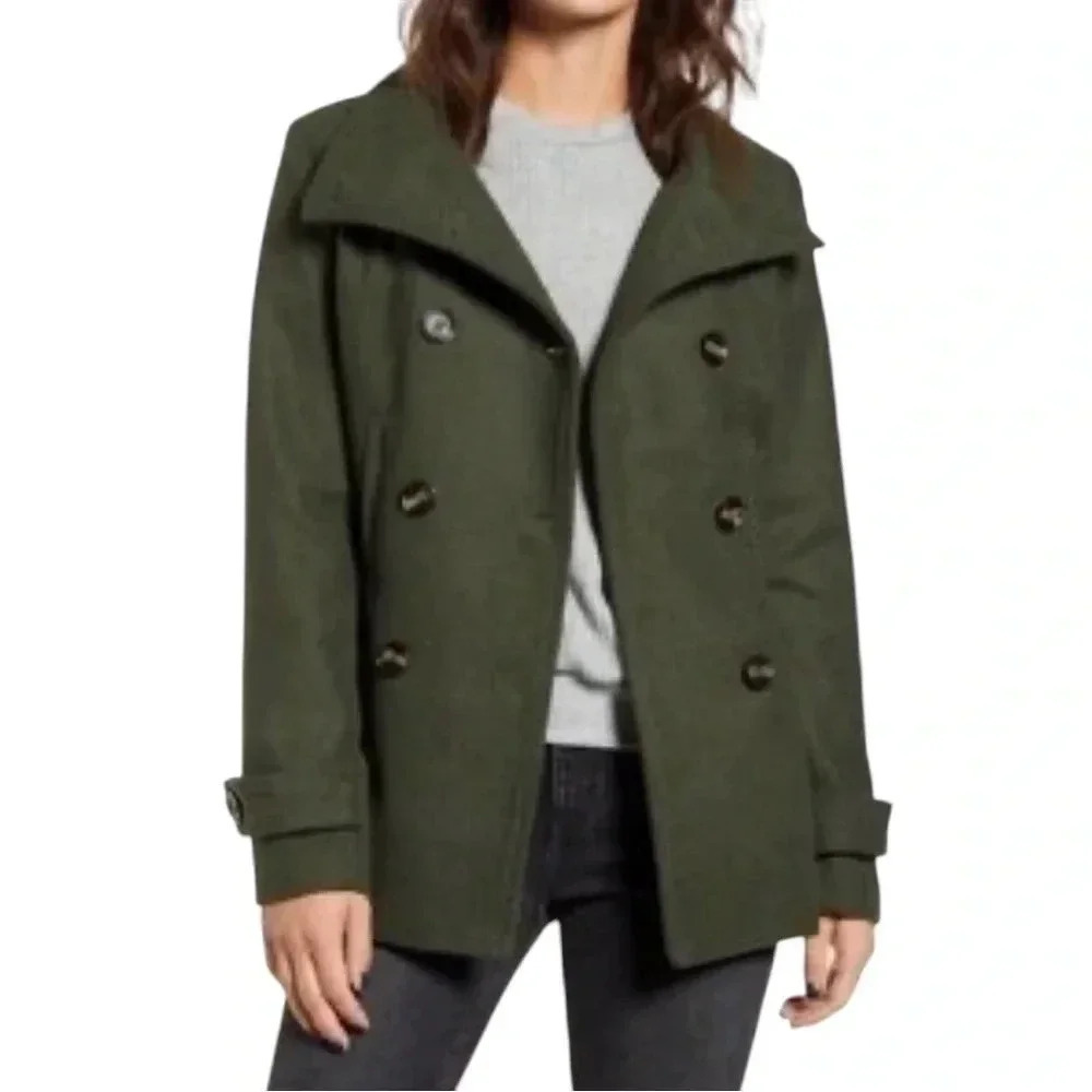 Thread & Supply Wool Blend Green Pea Coat Double Breasted Jacket Women Size S